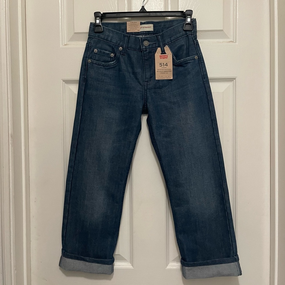 LEVI’S 514 Boy’s Dark Blue Jeans Straight Leg Adjustable Waist 10R Waist 25 NWT